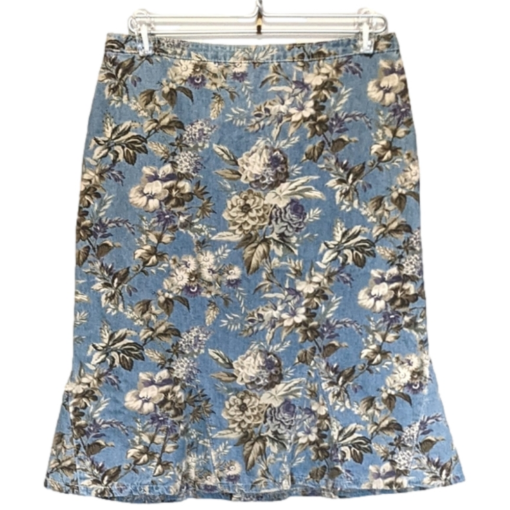 Vintage Denim Midi Skirt Floral Print M